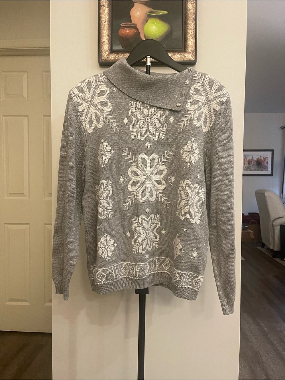 Vintage Alfred Dunner Gray and White Snowflake-Pattern Women’s Sweater